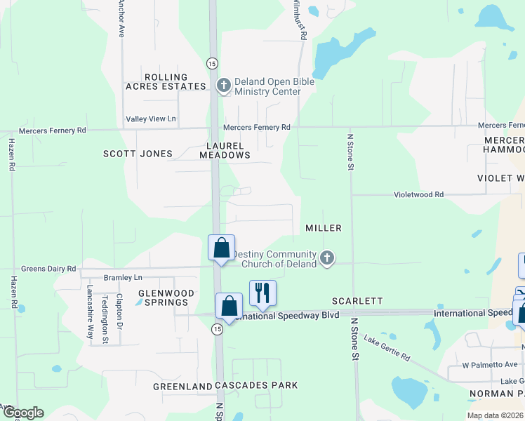 map of restaurants, bars, coffee shops, grocery stores, and more near 1825 North Spring Garden Avenue in DeLand