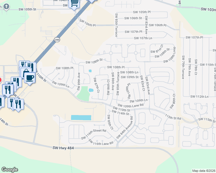 map of restaurants, bars, coffee shops, grocery stores, and more near 10934 Southwest 86th Court in Ocala