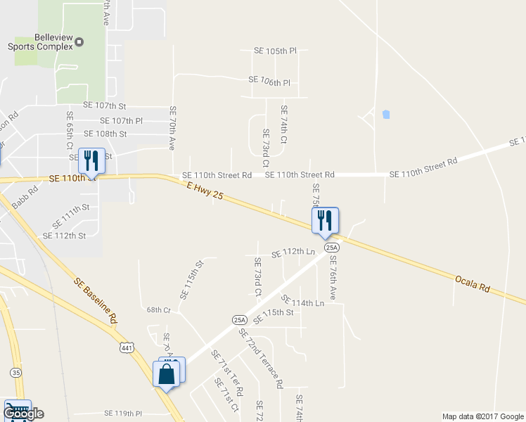 map of restaurants, bars, coffee shops, grocery stores, and more near 7280 East Highway 25 in Belleview