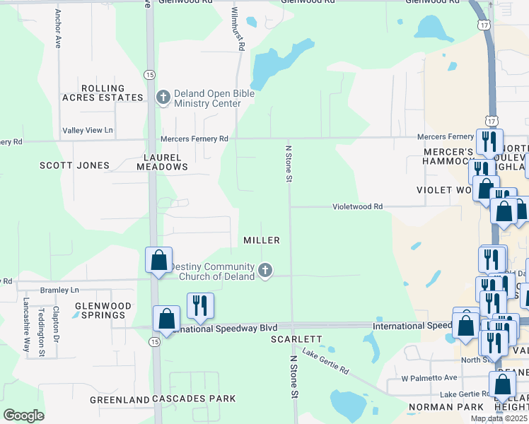 map of restaurants, bars, coffee shops, grocery stores, and more near 1715 Miller Drive in DeLand
