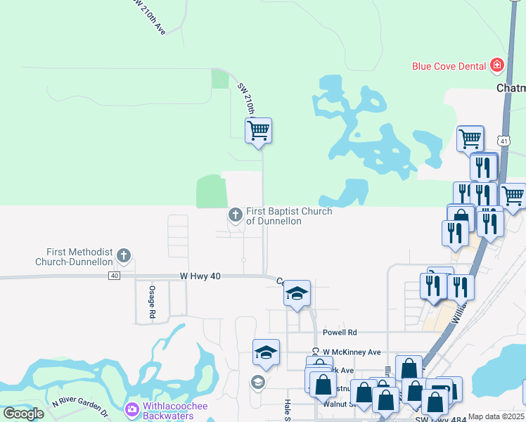 map of restaurants, bars, coffee shops, grocery stores, and more near 11222 Rolling Hills Road in Dunnellon