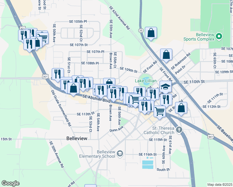 map of restaurants, bars, coffee shops, grocery stores, and more near 5523 Southeast 111th Street in Belleview