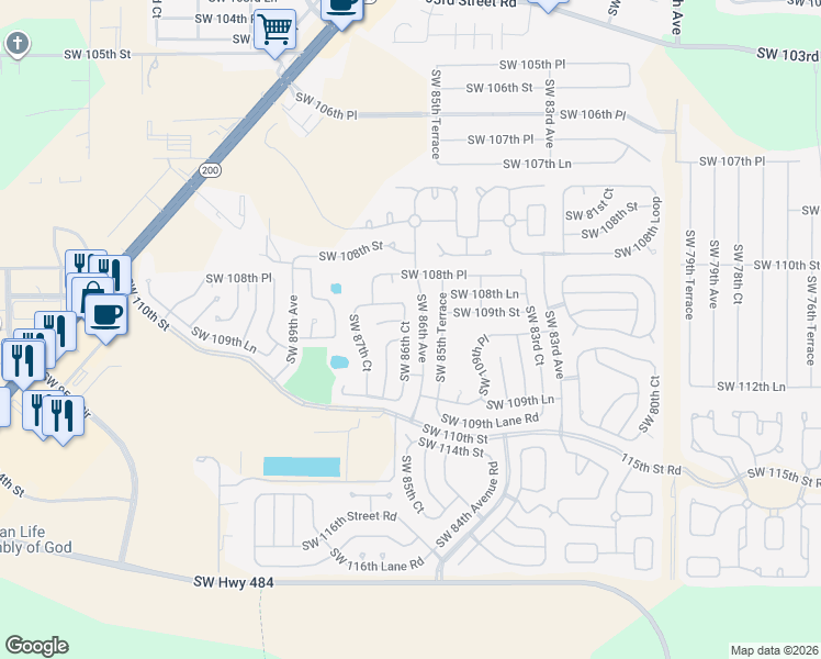 map of restaurants, bars, coffee shops, grocery stores, and more near 8655 Southwest 109th Street in Ocala