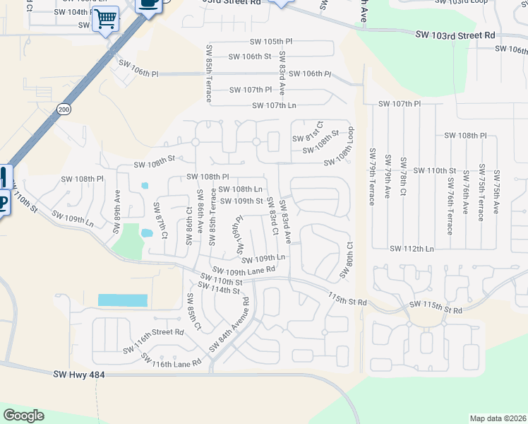 map of restaurants, bars, coffee shops, grocery stores, and more near 8384 Southwest 109th Street in Ocala