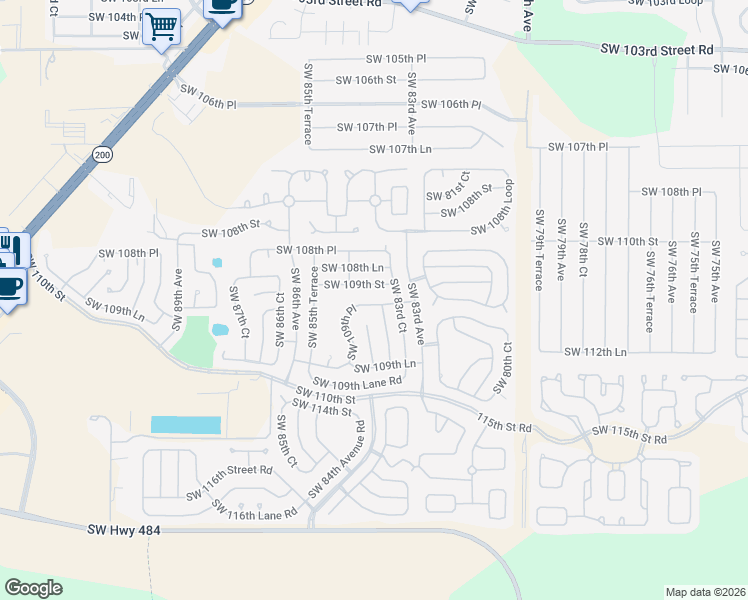map of restaurants, bars, coffee shops, grocery stores, and more near 8384 Southwest 109th Street in Ocala