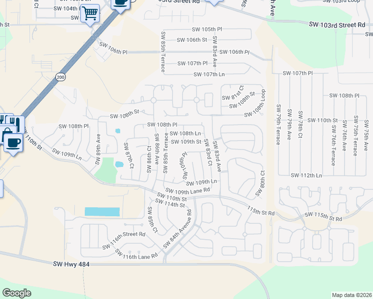 map of restaurants, bars, coffee shops, grocery stores, and more near 8484 Southwest 109th Street in Ocala