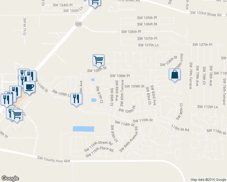 map of restaurants, bars, coffee shops, grocery stores, and more near 8655 Southwest 109th Street in Ocala