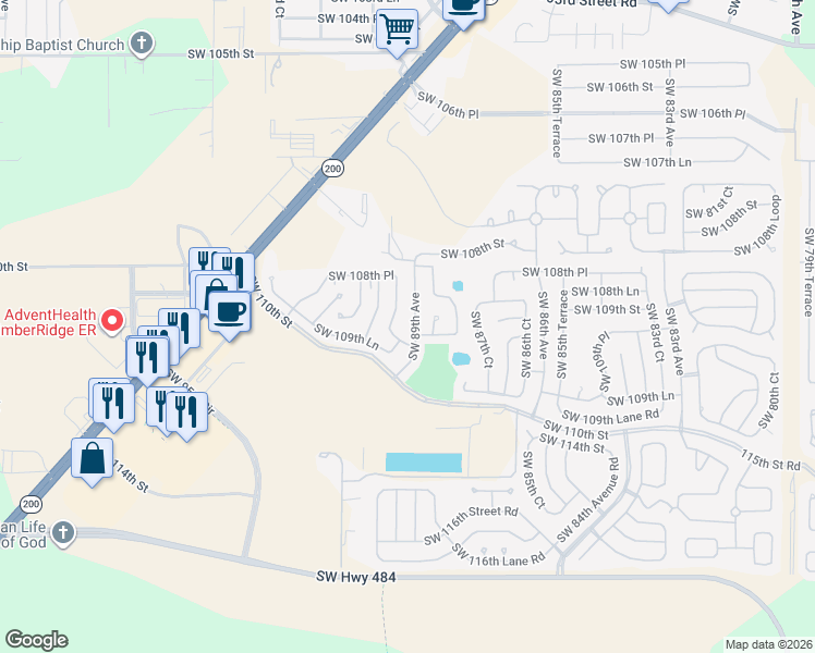 map of restaurants, bars, coffee shops, grocery stores, and more near 10888 Southwest 89th Avenue in Ocala