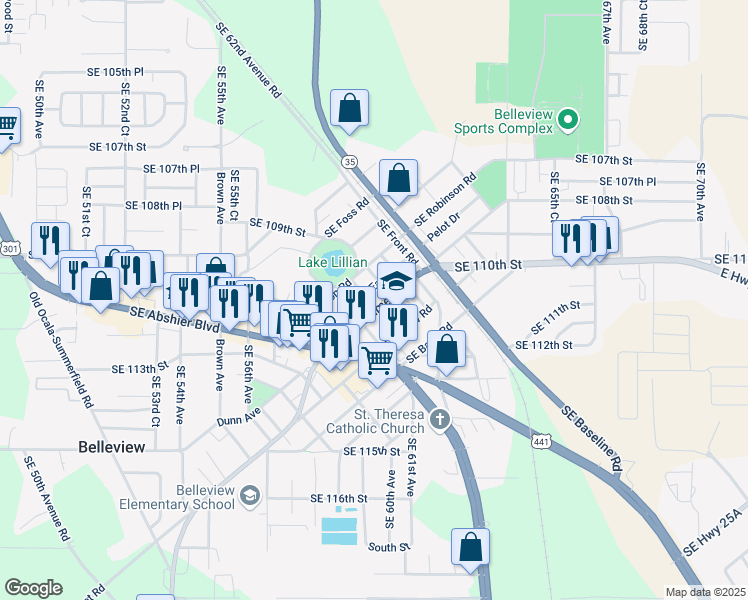 map of restaurants, bars, coffee shops, grocery stores, and more near 5915-5937 Southeast Holly Road in Belleview