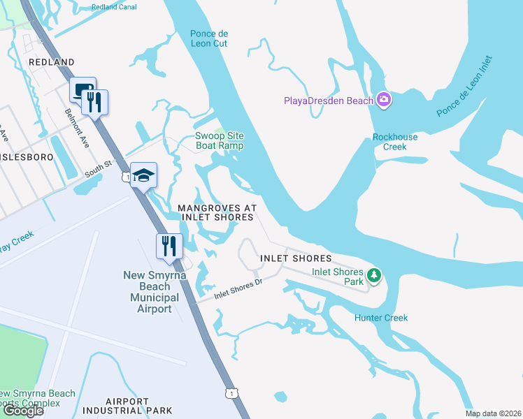 map of restaurants, bars, coffee shops, grocery stores, and more near 133 Cunningham Drive in New Smyrna Beach