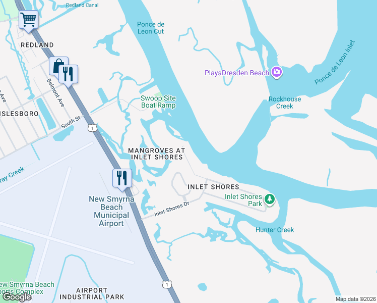 map of restaurants, bars, coffee shops, grocery stores, and more near 133 Cunningham Dr in New Smyrna Beach