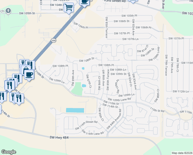 map of restaurants, bars, coffee shops, grocery stores, and more near 8655 Southwest 109th Street in Ocala