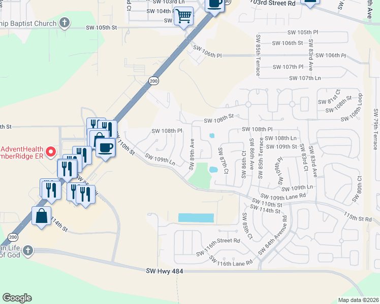 map of restaurants, bars, coffee shops, grocery stores, and more near 10888 Southwest 89th Avenue in Ocala