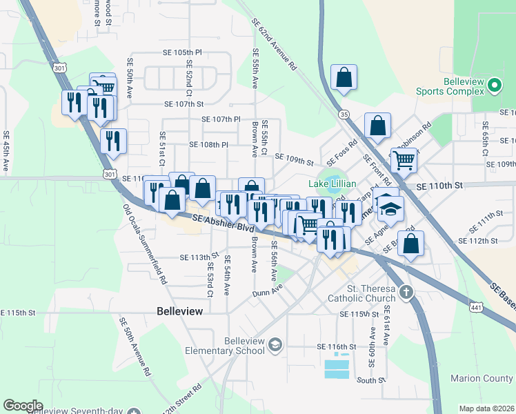map of restaurants, bars, coffee shops, grocery stores, and more near 11055 Southeast 55th Avenue in Belleview
