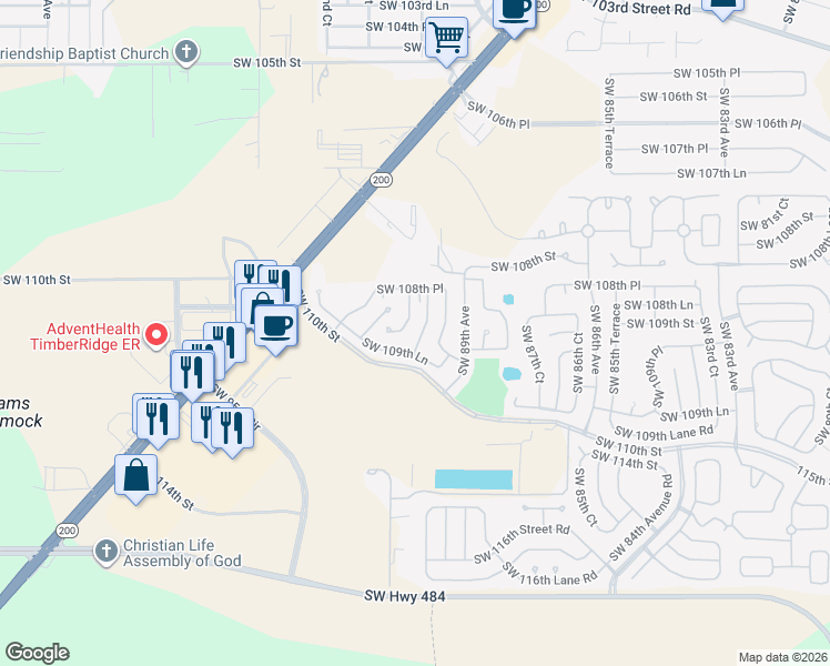 map of restaurants, bars, coffee shops, grocery stores, and more near 10888 Southwest 90th Court in Ocala
