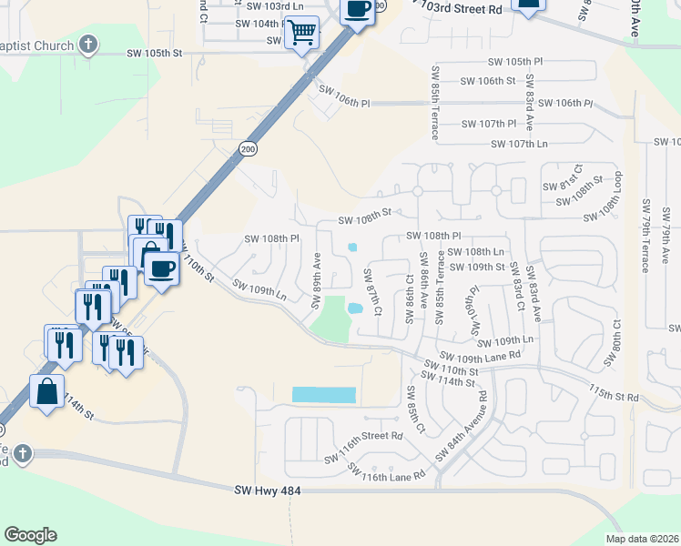 map of restaurants, bars, coffee shops, grocery stores, and more near 10881 Southwest 88th Court in Ocala