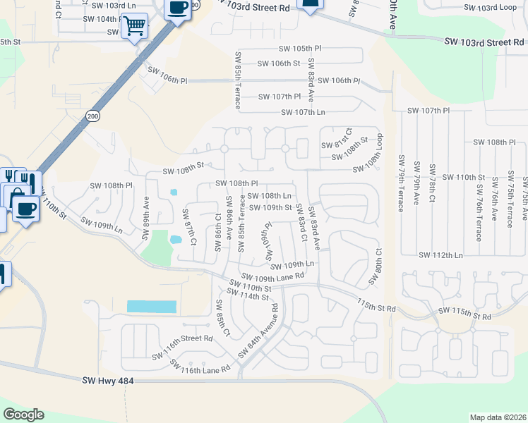 map of restaurants, bars, coffee shops, grocery stores, and more near 8484 Southwest 109th Street in Ocala
