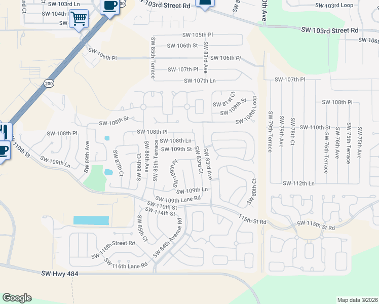 map of restaurants, bars, coffee shops, grocery stores, and more near 8384 Southwest 109th Street in Ocala