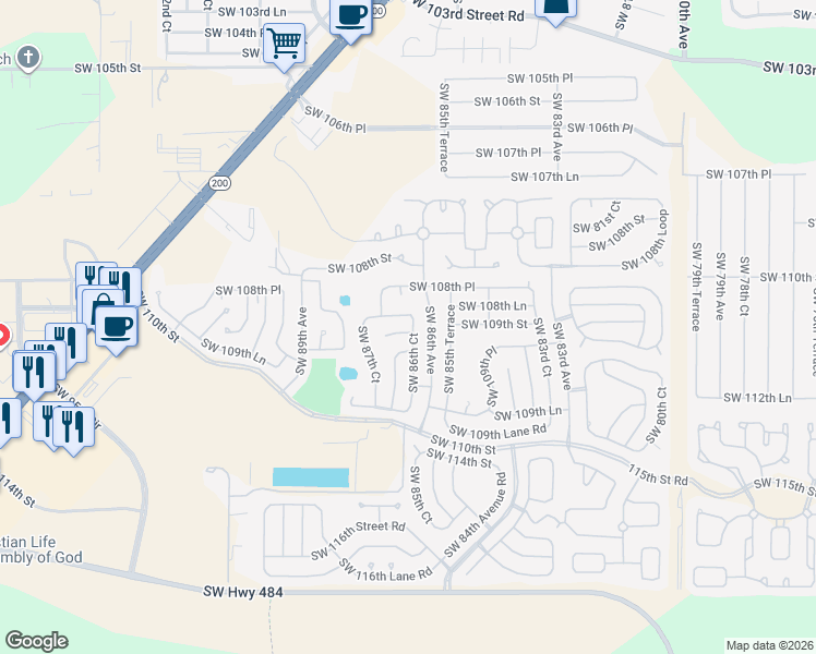 map of restaurants, bars, coffee shops, grocery stores, and more near 8655 Southwest 109th Street in Ocala