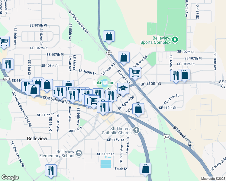 map of restaurants, bars, coffee shops, grocery stores, and more near 5915 Southeast Holly Road in Belleview