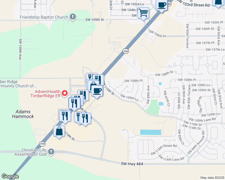 map of restaurants, bars, coffee shops, grocery stores, and more near 9178 Southwest 109th Lane in Ocala