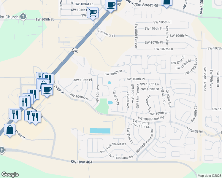map of restaurants, bars, coffee shops, grocery stores, and more near 10881 Southwest 88th Court in Ocala