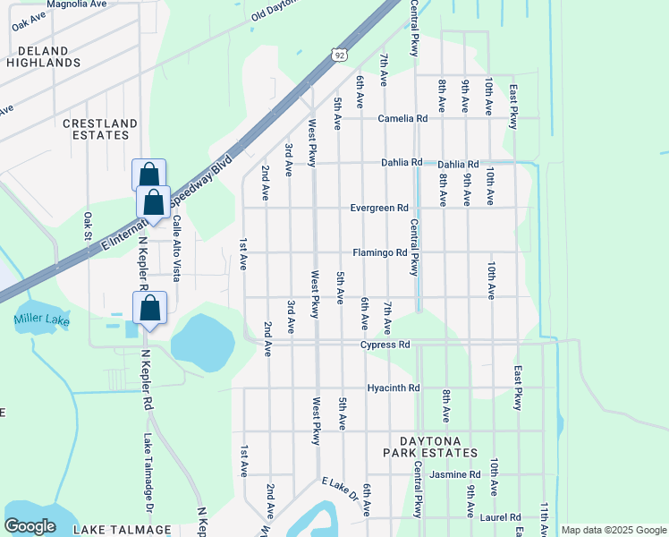 map of restaurants, bars, coffee shops, grocery stores, and more near 1866 5th Avenue in DeLand