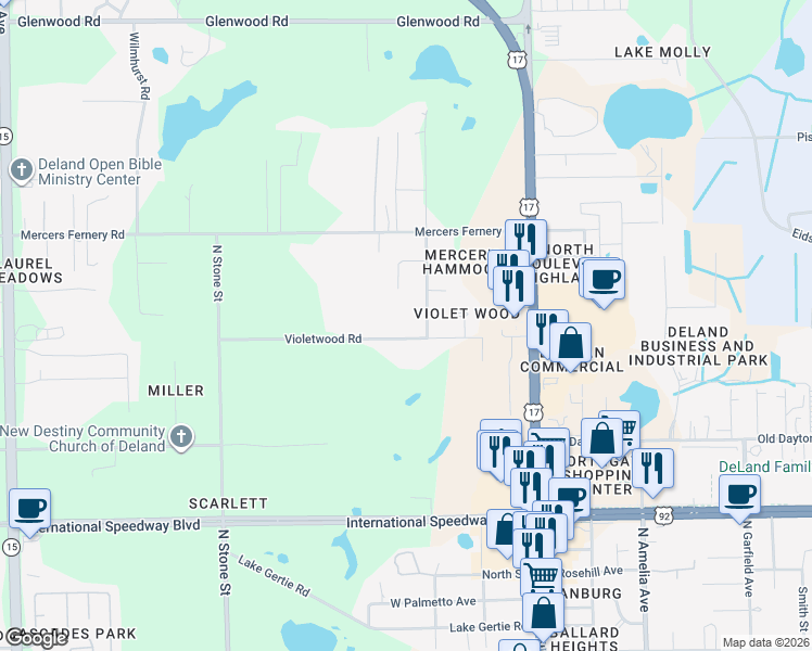 map of restaurants, bars, coffee shops, grocery stores, and more near 304 Violetwood Road in DeLand