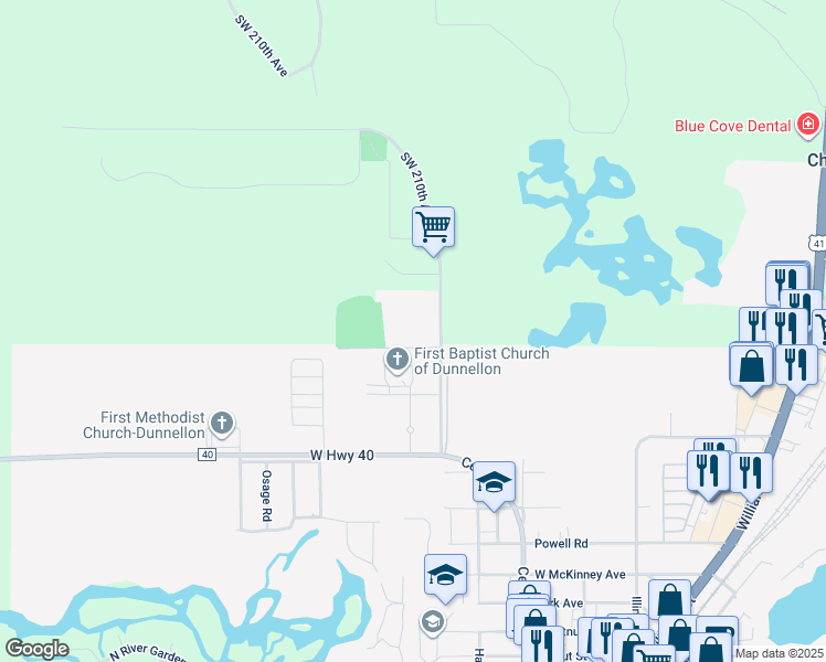map of restaurants, bars, coffee shops, grocery stores, and more near 11000 Rolling Hills Road in Dunnellon