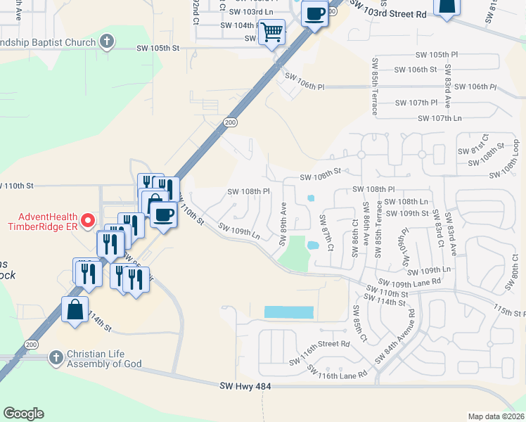 map of restaurants, bars, coffee shops, grocery stores, and more near 10888 Southwest 90th Court in Ocala