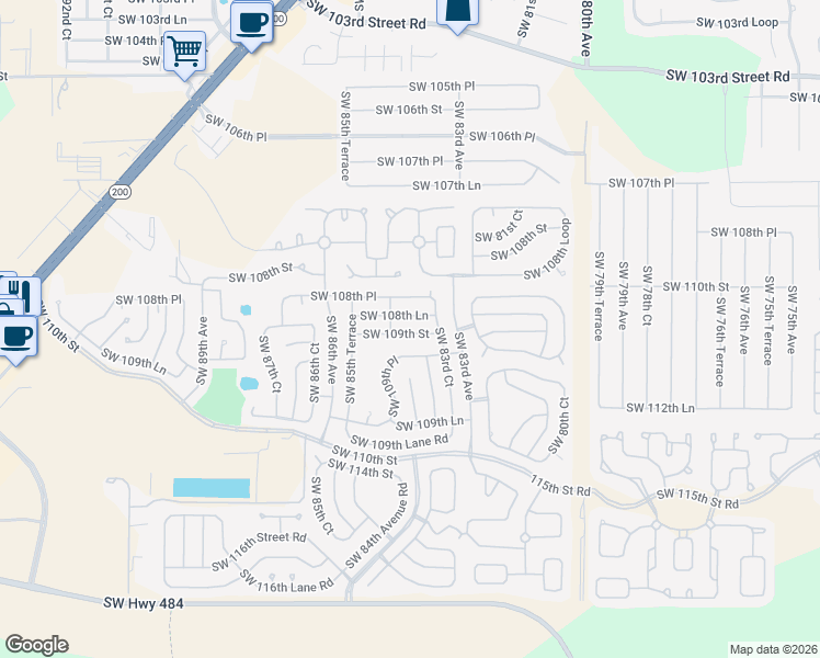 map of restaurants, bars, coffee shops, grocery stores, and more near 8433 Southwest 109th Street in Ocala