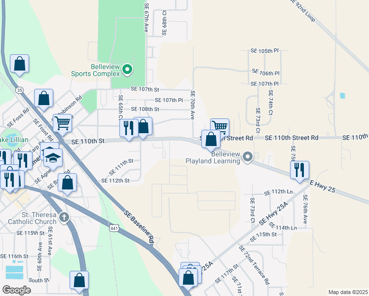 map of restaurants, bars, coffee shops, grocery stores, and more near 6948 Southeast 110th Street in Belleview
