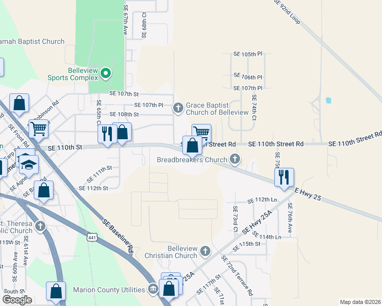 map of restaurants, bars, coffee shops, grocery stores, and more near 7059 East Highway 25 in Belleview