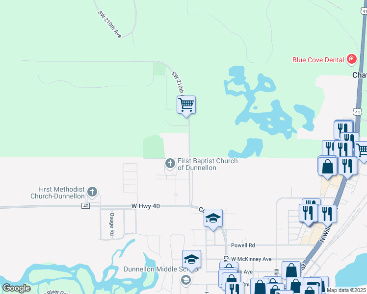 map of restaurants, bars, coffee shops, grocery stores, and more near 11000 Rolling Hills Road in Dunnellon