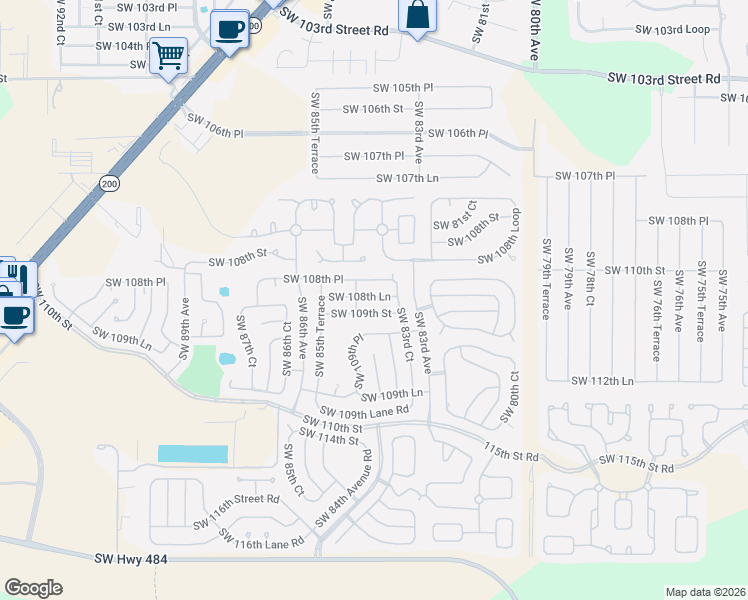 map of restaurants, bars, coffee shops, grocery stores, and more near 8386 Southwest 108th Place in Ocala