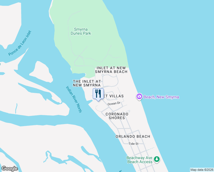 map of restaurants, bars, coffee shops, grocery stores, and more near Minorca Beach Way in New Smyrna Beach