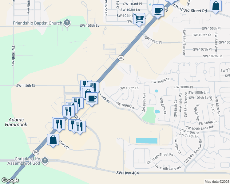 map of restaurants, bars, coffee shops, grocery stores, and more near 9285 Southwest 110th Street in Ocala