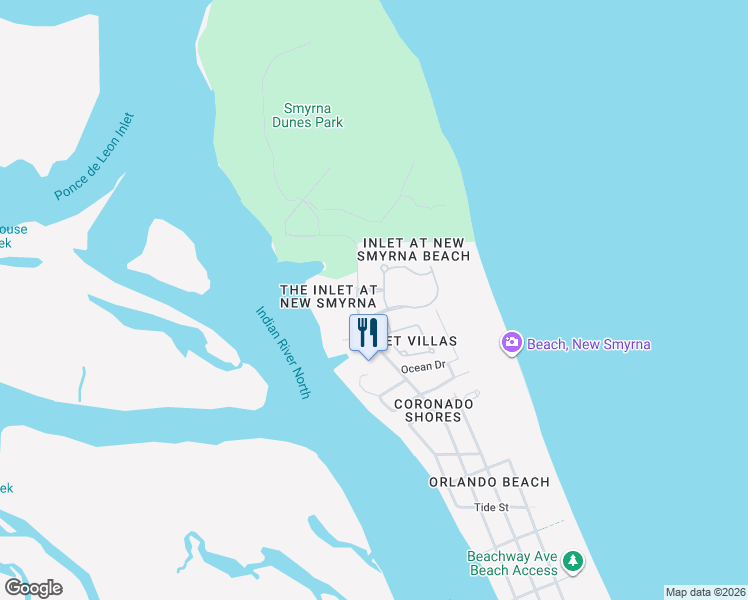 map of restaurants, bars, coffee shops, grocery stores, and more near 263 Minorca Beach Way in New Smyrna Beach