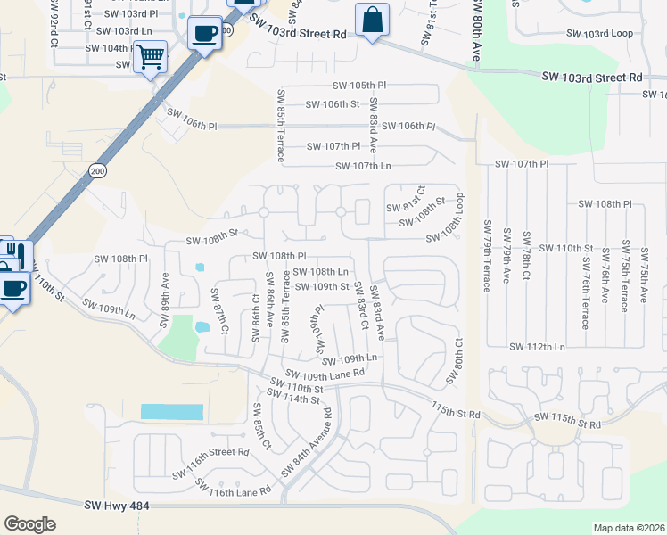 map of restaurants, bars, coffee shops, grocery stores, and more near 8386 Southwest 108th Place in Ocala