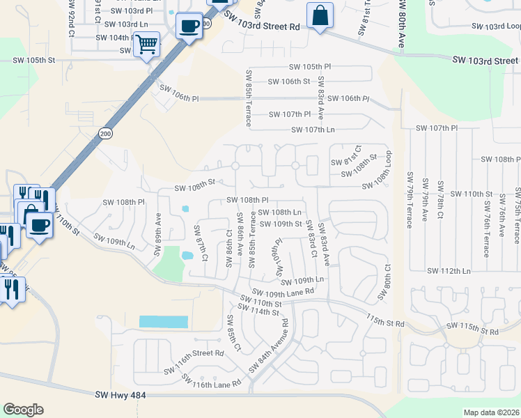 map of restaurants, bars, coffee shops, grocery stores, and more near 8588 Southwest 108th Place in Ocala