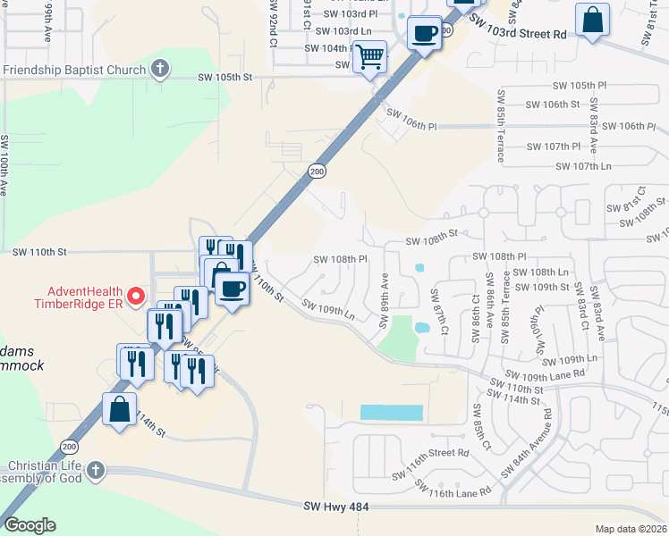 map of restaurants, bars, coffee shops, grocery stores, and more near 9015 Southwest 108th Place in Ocala