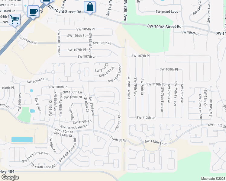 map of restaurants, bars, coffee shops, grocery stores, and more near 8110 Southwest 108th Street Road in Ocala