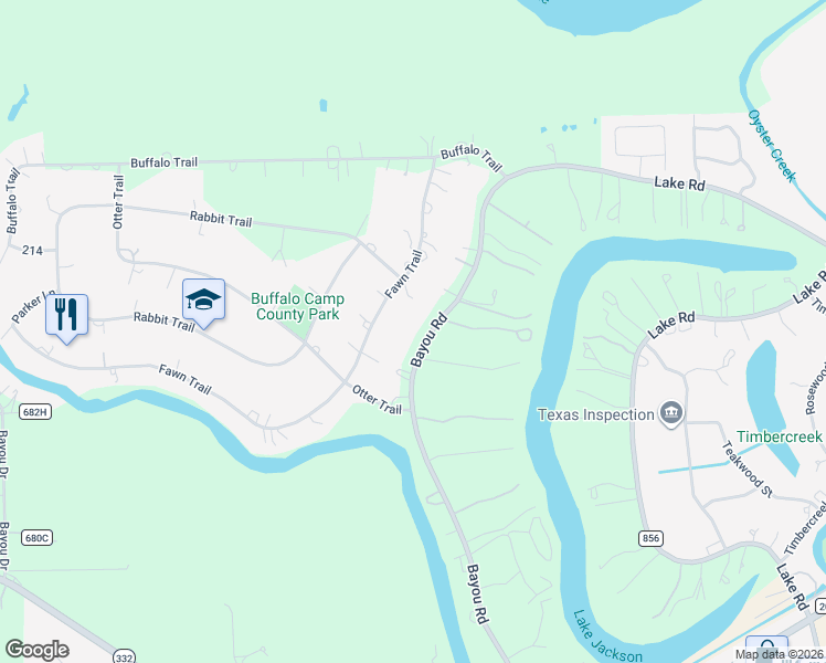 map of restaurants, bars, coffee shops, grocery stores, and more near 213 Bayou Road in Lake Jackson
