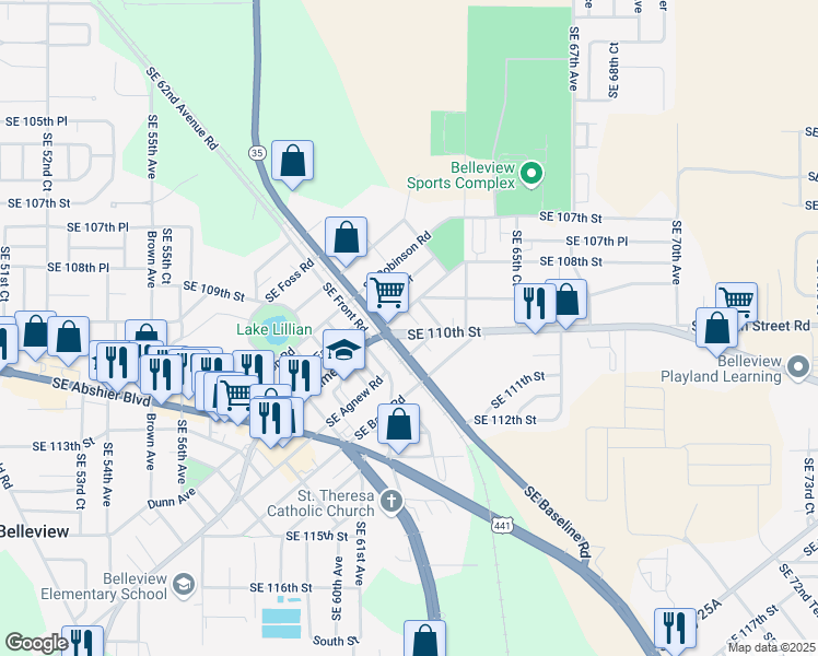 map of restaurants, bars, coffee shops, grocery stores, and more near 6220 Southeast Hames Road in Belleview