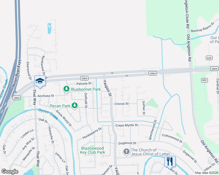 map of restaurants, bars, coffee shops, grocery stores, and more near 14 Red Oak Court in Lake Jackson