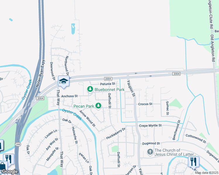 map of restaurants, bars, coffee shops, grocery stores, and more near 528 Daffodil Street in Lake Jackson