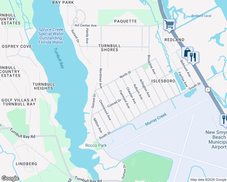 map of restaurants, bars, coffee shops, grocery stores, and more near 2628 Westwood Avenue in New Smyrna Beach