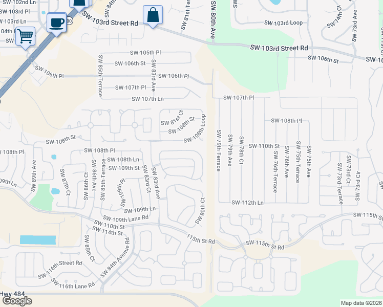 map of restaurants, bars, coffee shops, grocery stores, and more near 8110 Southwest 108th Street Road in Ocala
