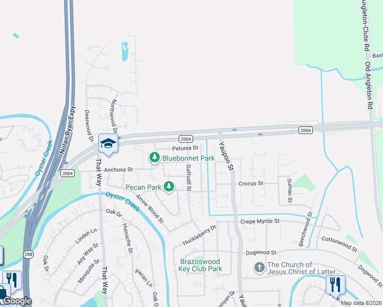 map of restaurants, bars, coffee shops, grocery stores, and more near 528 Daffodil Street in Lake Jackson