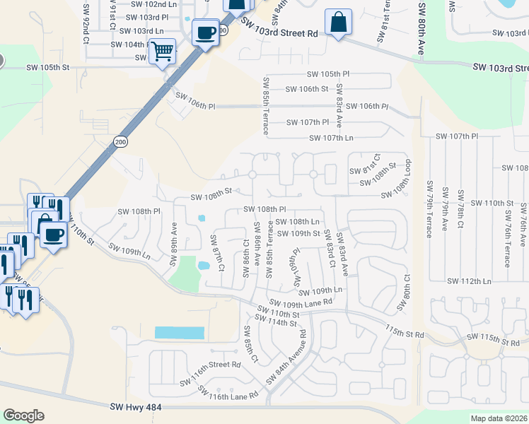 map of restaurants, bars, coffee shops, grocery stores, and more near 8588 Southwest 108th Place in Ocala